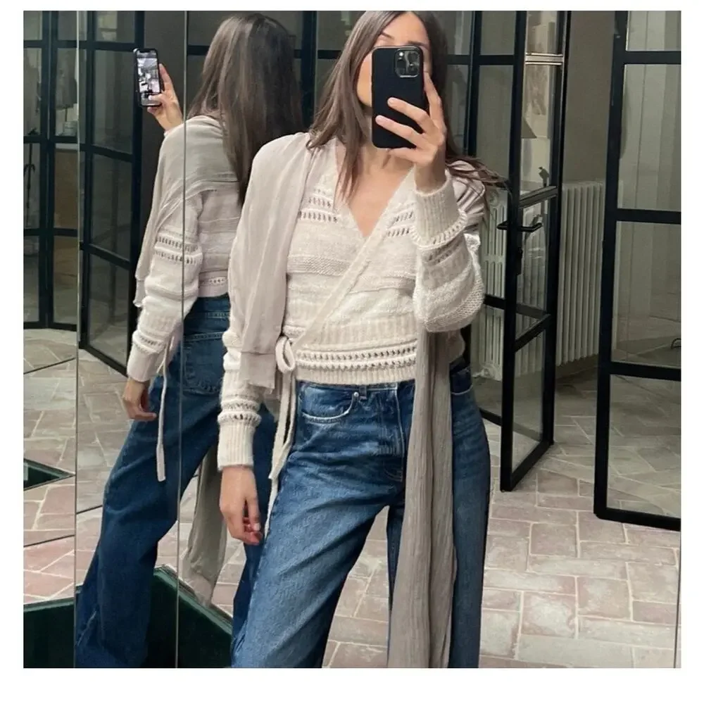 Zara Beige Knit Wrap Cropped Sweater Top Size Small 6771/005 Bohemian Chic